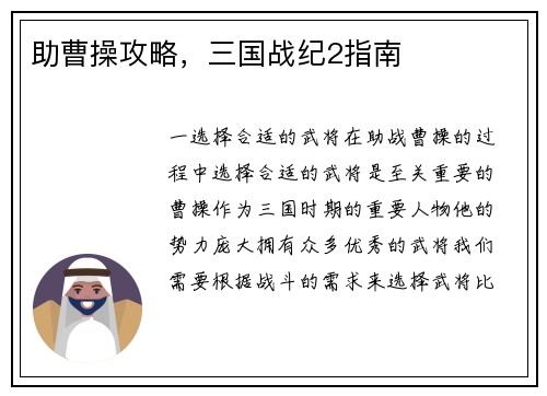 助曹操攻略，三国战纪2指南